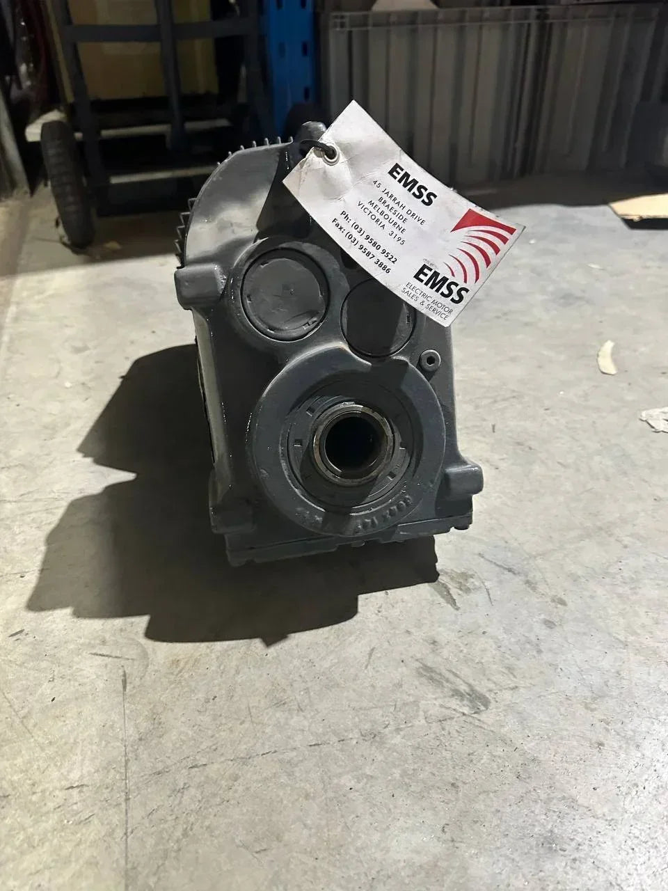 EMSS electric motor gearbox for industrial machinery, warehouse stock photo