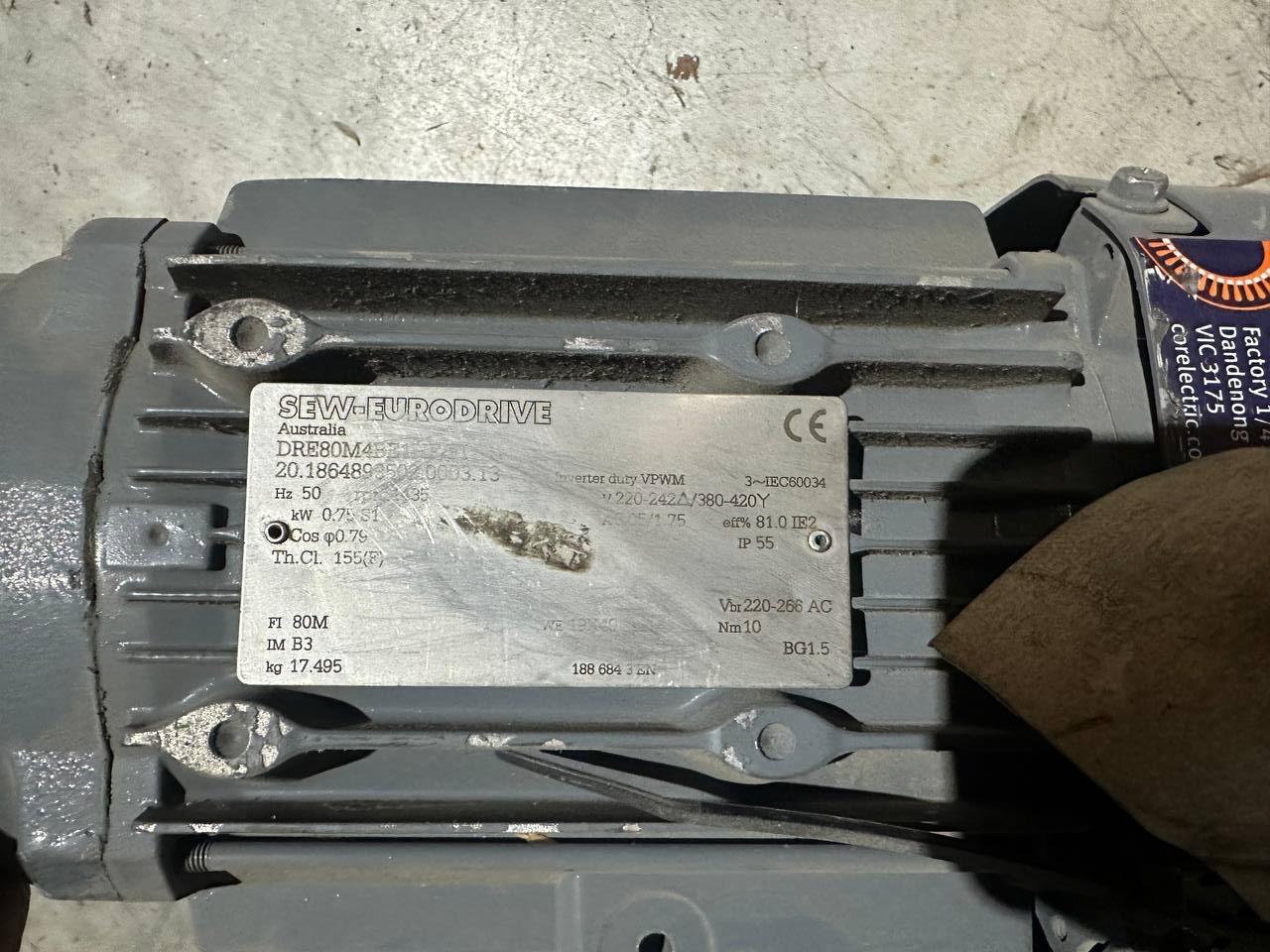 SEW-EURODRIVE DRE80M4BE1HF/F1 AC Motor 0.75 KW S1 1435rpm 230/420v Uesd 3m