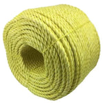 Bright yellow braided polypropylene rope coiled for industrial or agricultural use