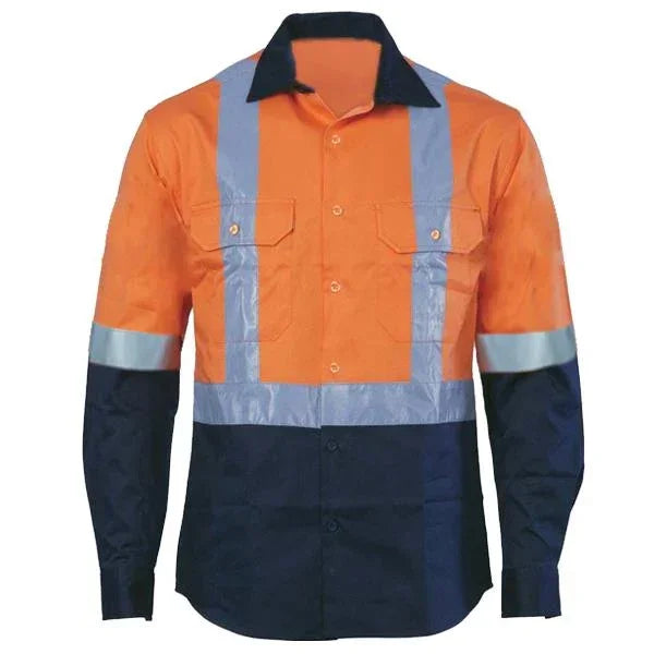 High-visibility orange and navy workwear shirt with reflective stripes for safety
