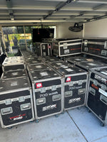 ROBE show lighting equipment cases, 700 wash and spot models, stored in truck for event setup