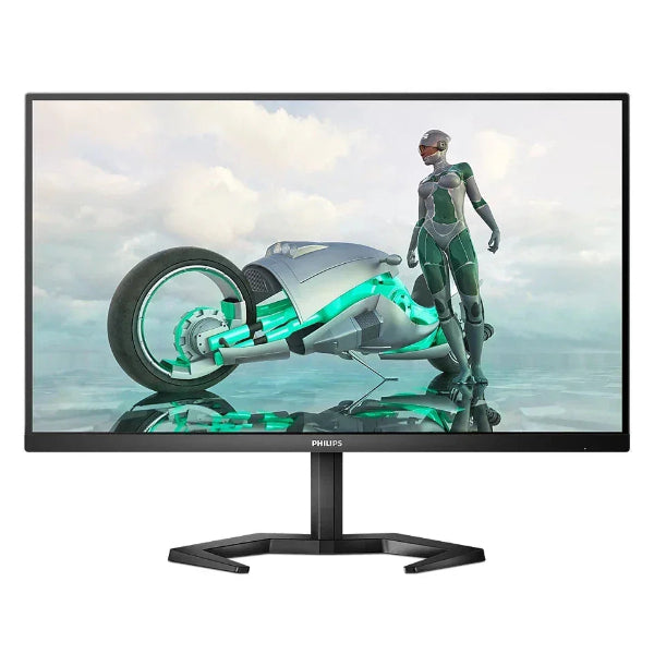 Philips monitor displaying futuristic robot and motorcycle with glowing teal accents