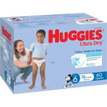 Huggies Ultra Dry diapers for boys, size 6, 60 count, featuring Mickey Mouse design and Rapid-Dry technology.