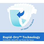 Rapid-Dry Technology diaper for boys, instantly absorbs up front with blue arrow illustration