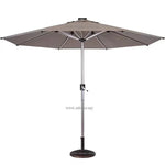 Large outdoor patio umbrella with metal pole and crank mechanism for shade