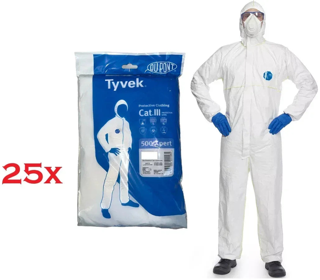 25x DuPont Tyvek Cat III protective coveralls with hood, gloves, and mask for industrial safety workwear