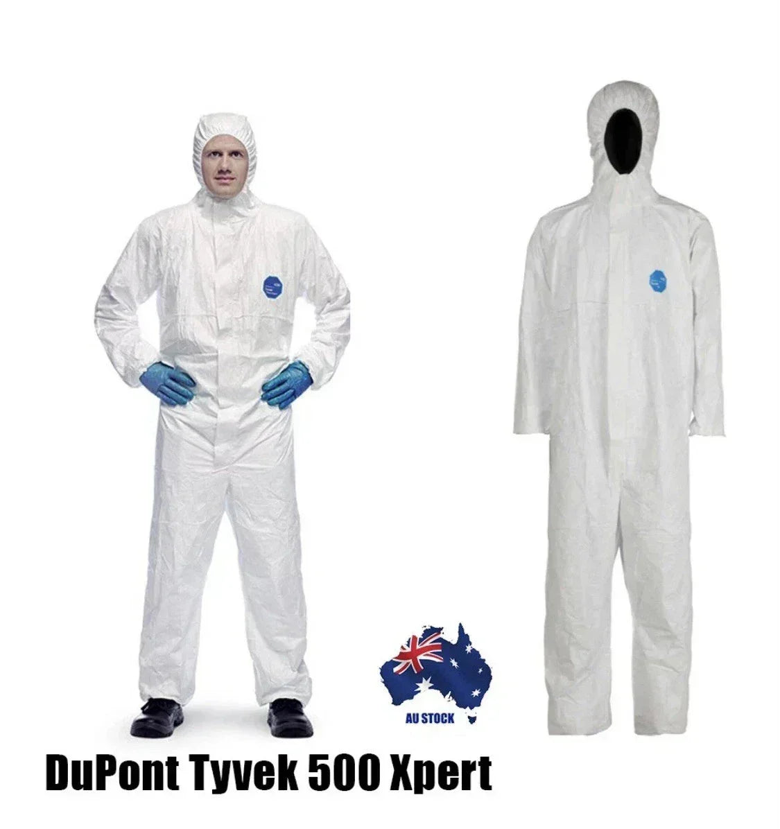 DuPont Tyvek 500 Xpert white protective coverall with hood, shown on model and mannequin, AU stock