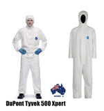 DuPont Tyvek 500 Xpert white protective coverall with hood, shown on model and mannequin, AU stock