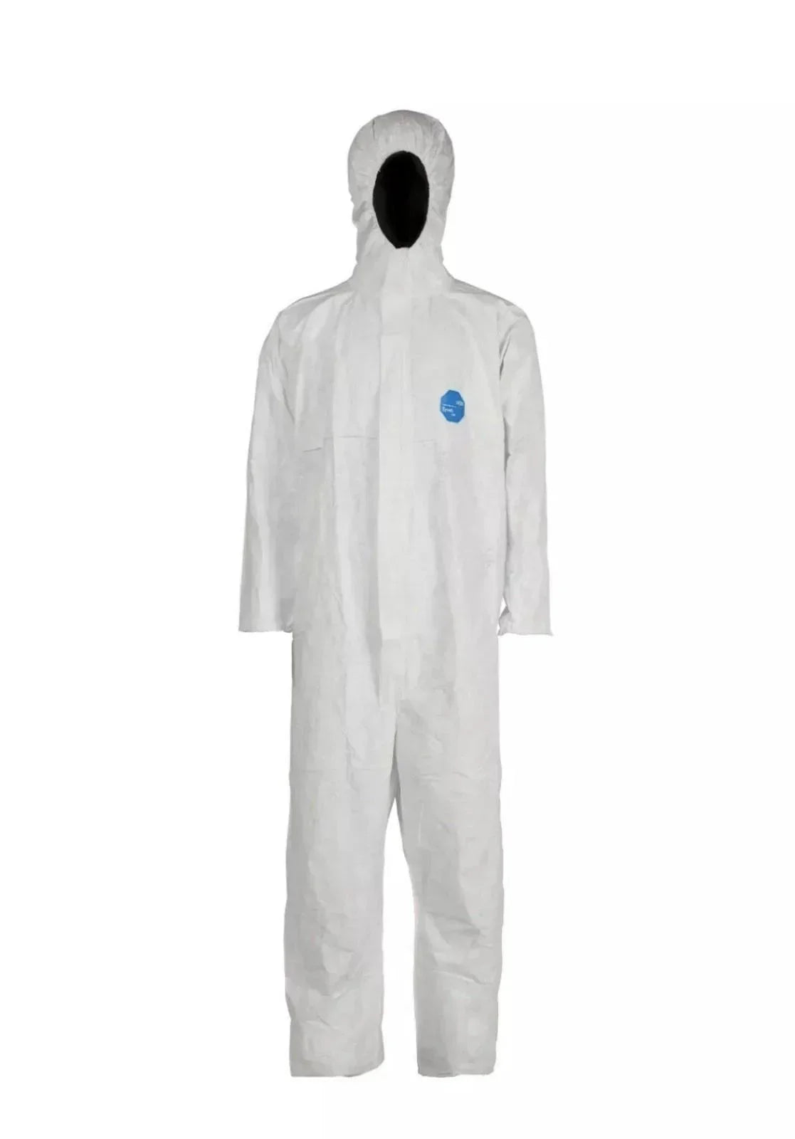 White disposable coverall with hood and blue logo, ideal for workwear and protective gear