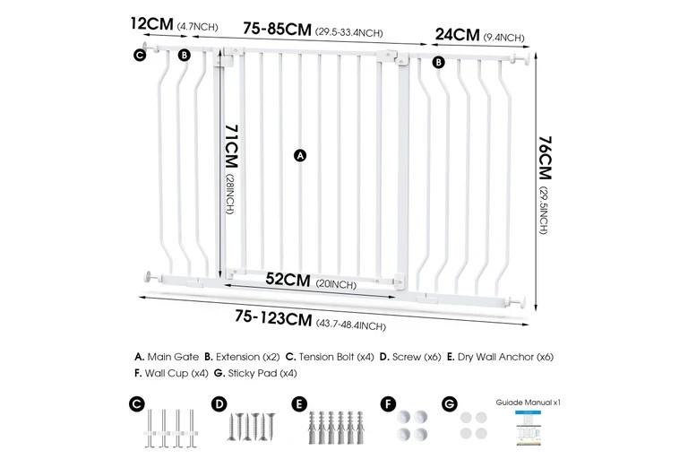 Safety Gate, Dog/Baby Fit 75-123CM Wide, Safety Gate for Stairs Easy Walk Thru