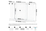 White baby safety gate with extensions, tension bolts, and wall anchors for secure installation
