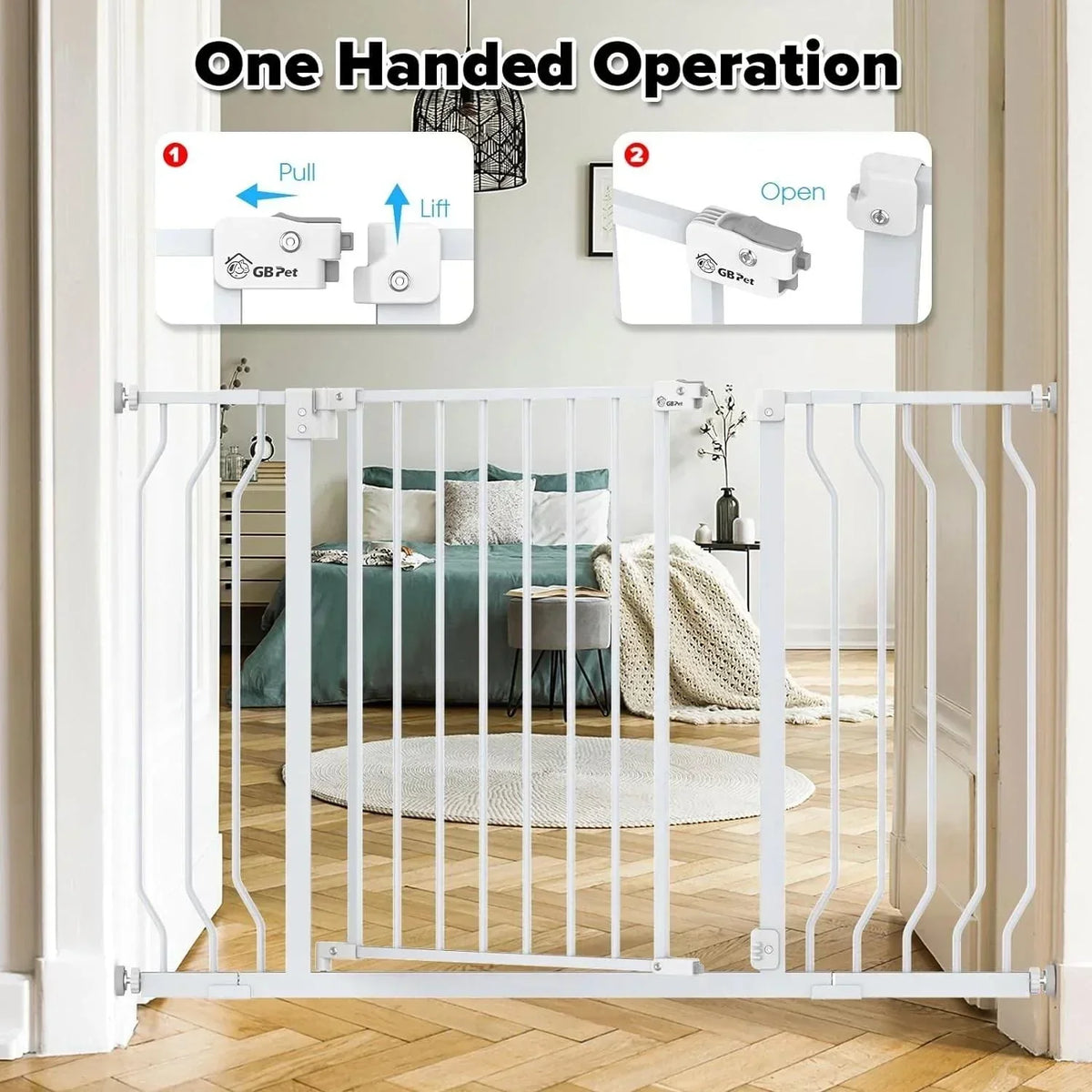 White pet safety gate with one-handed operation, installed in a home doorway