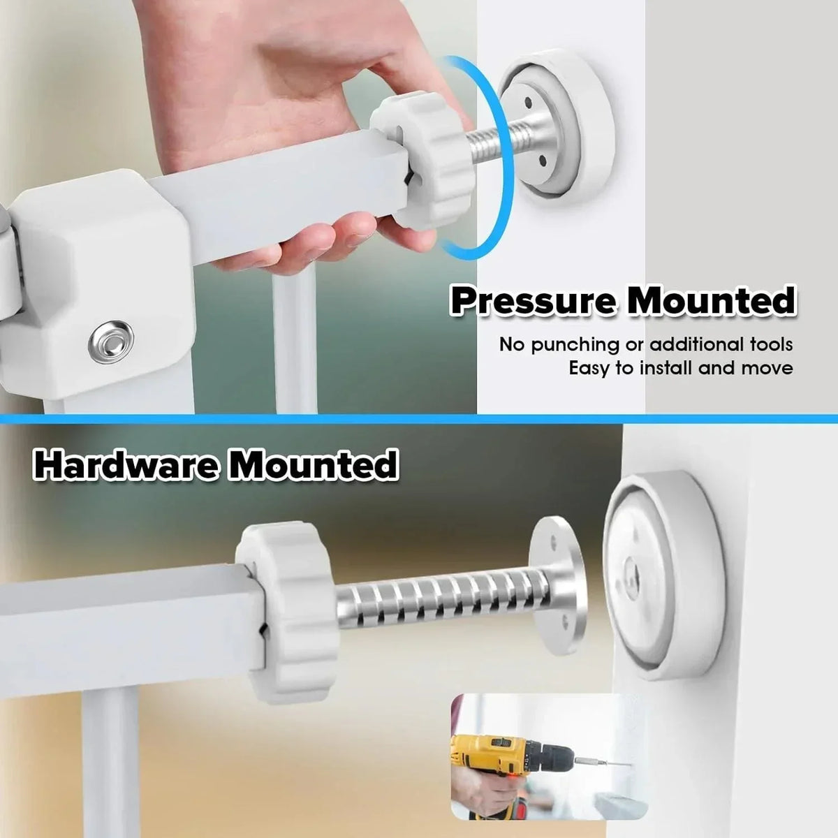 Pressure and hardware mounted gate hardware with easy installation