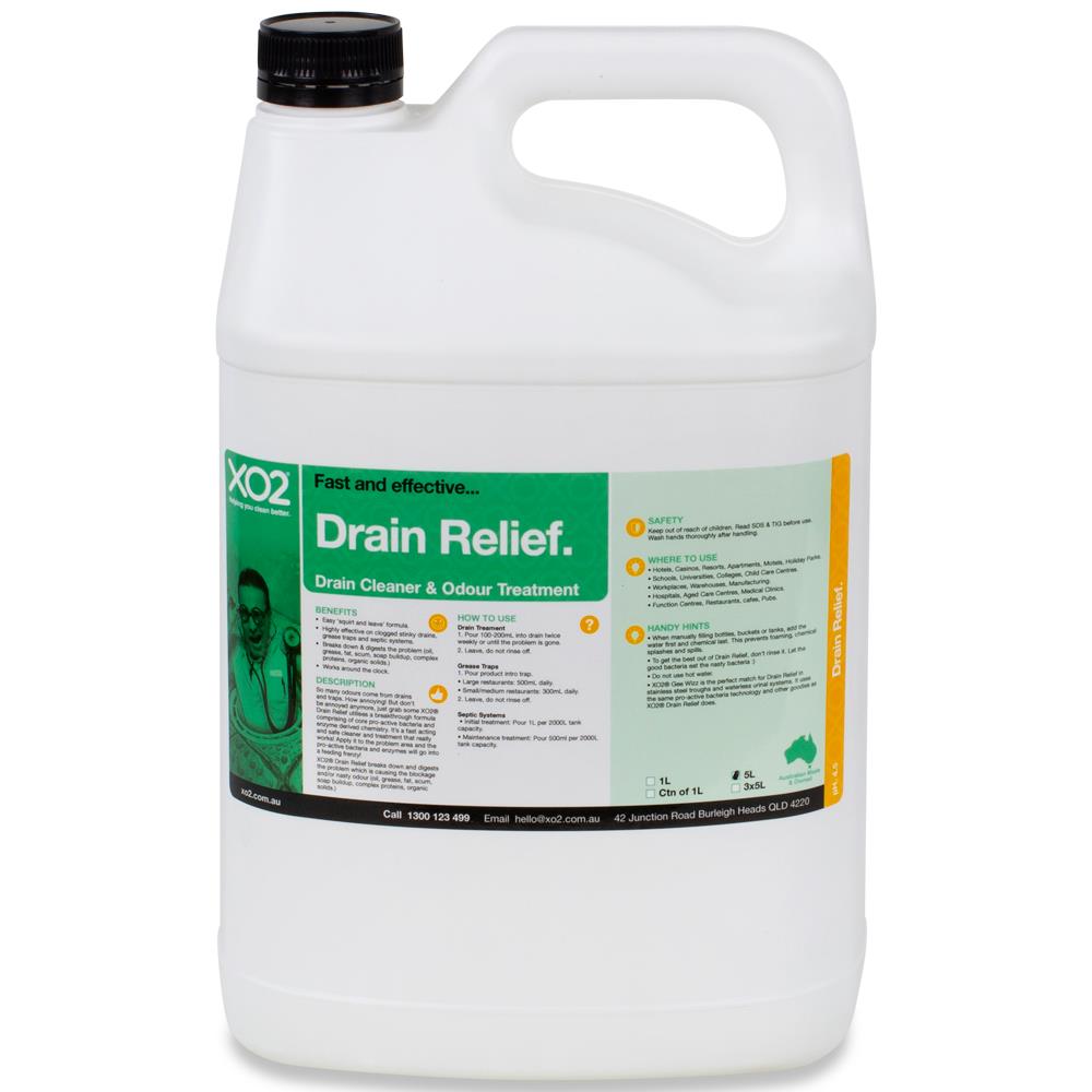 5L Drain Relief XO2 Drain Cleaner Odour Treatment Fast and effective Made in Au