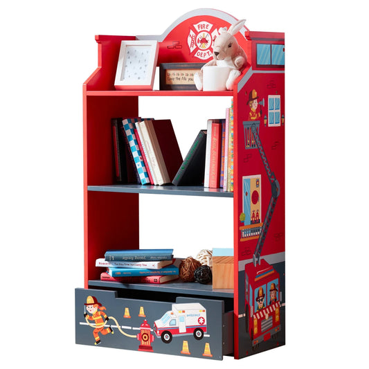 kids 3-Tier Bookshelf with Drawer Fantasy Fields Little Fire Fighters Safe