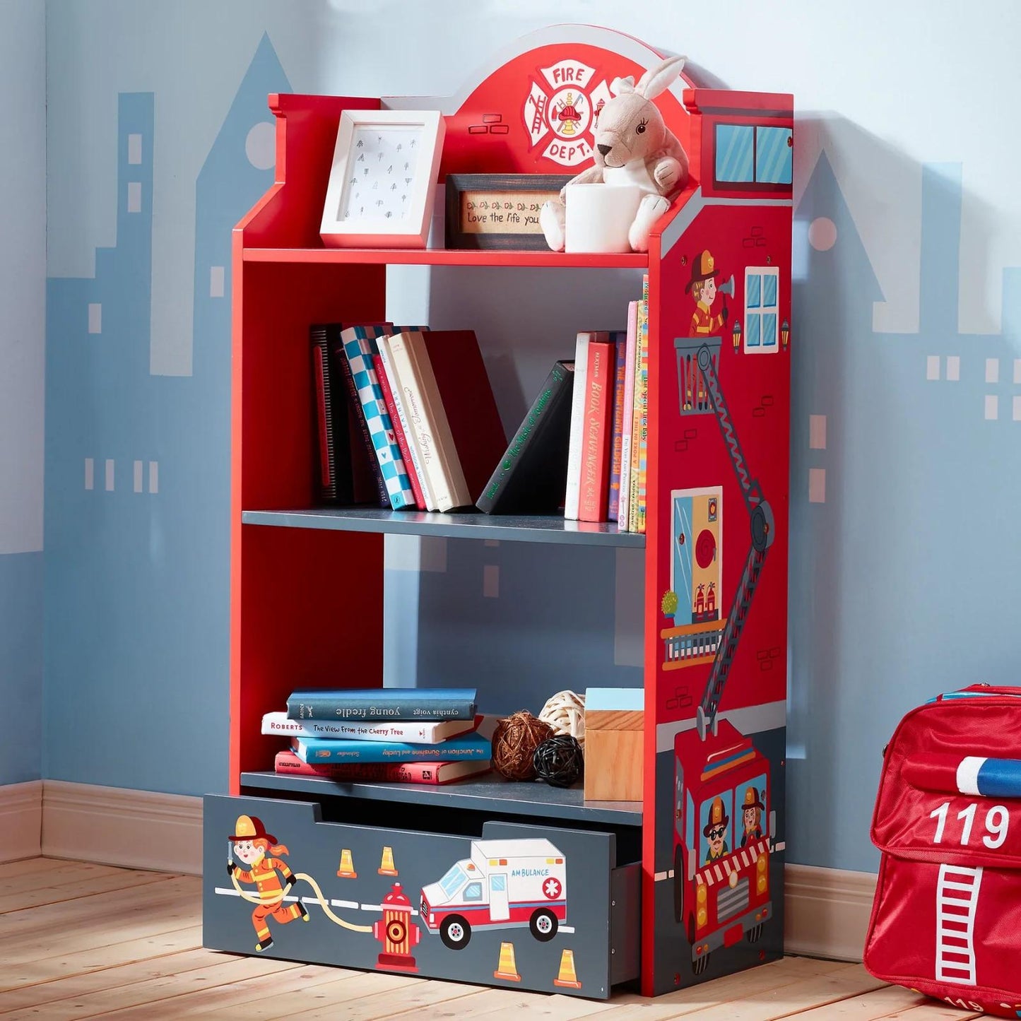 kids 3-Tier Bookshelf with Drawer Fantasy Fields Little Fire Fighters Safe