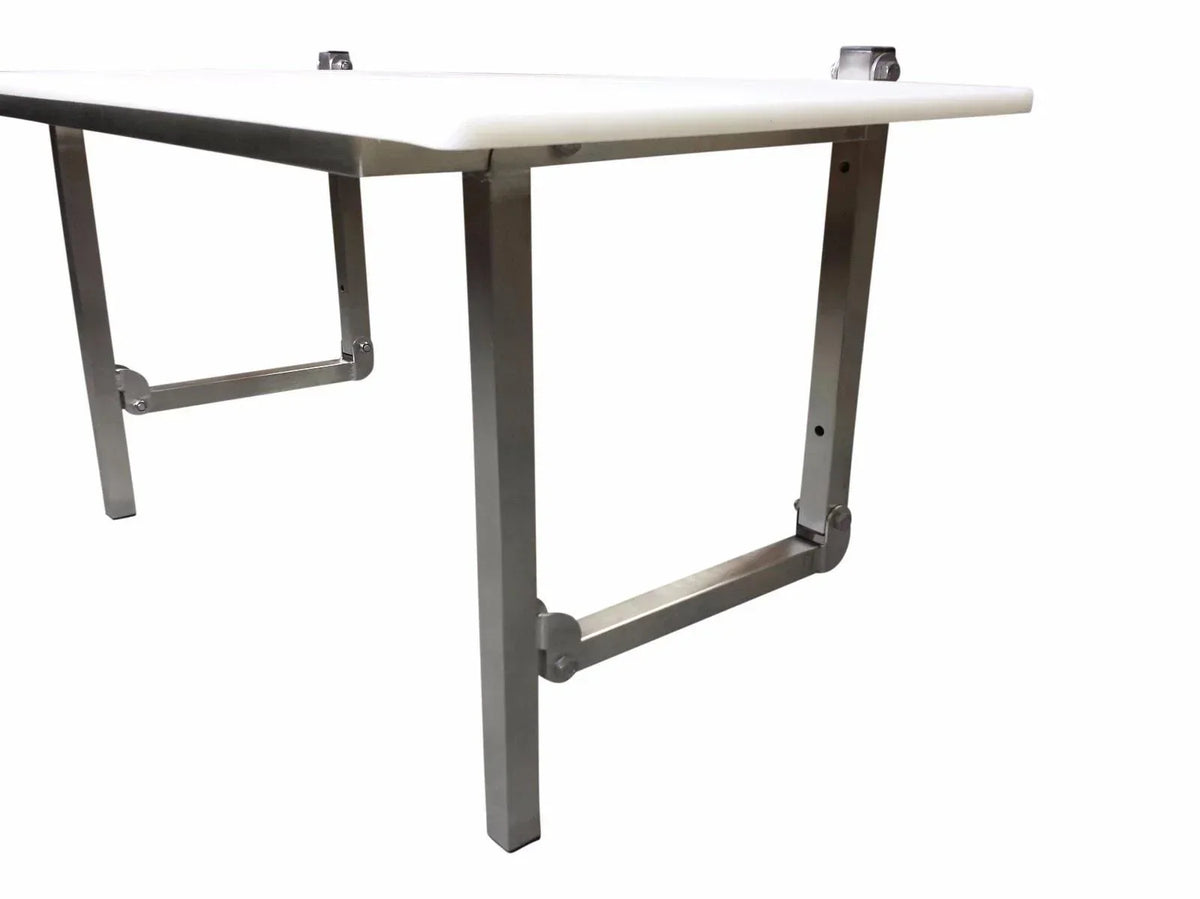 Stainless steel folding table with white plastic top for commercial use
