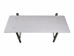 White folding table with black legs and wheels for office or workshop use