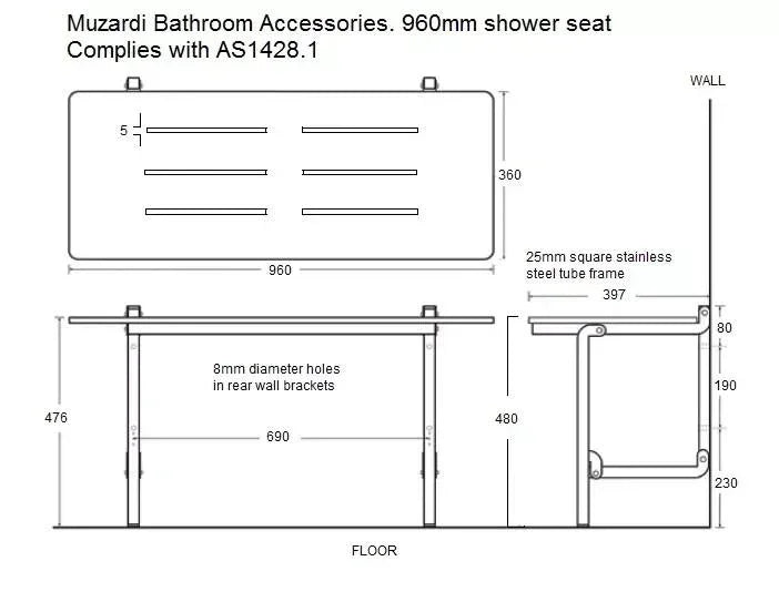 960mm shower seat with stainless steel frame, complies with AS1428.1, Muzardi Bathroom Accessories