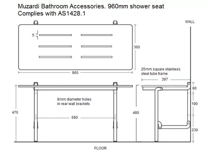 Shower Chair Seat AS1428.1 Folding Disabled Wheelchair Commercial Stainles 960mm