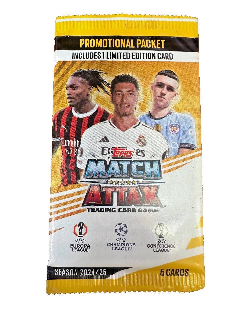 Topps Match Attax 2024/25 promotional pack with 5 cards including 1 limited edition, featuring UEFA Champions League