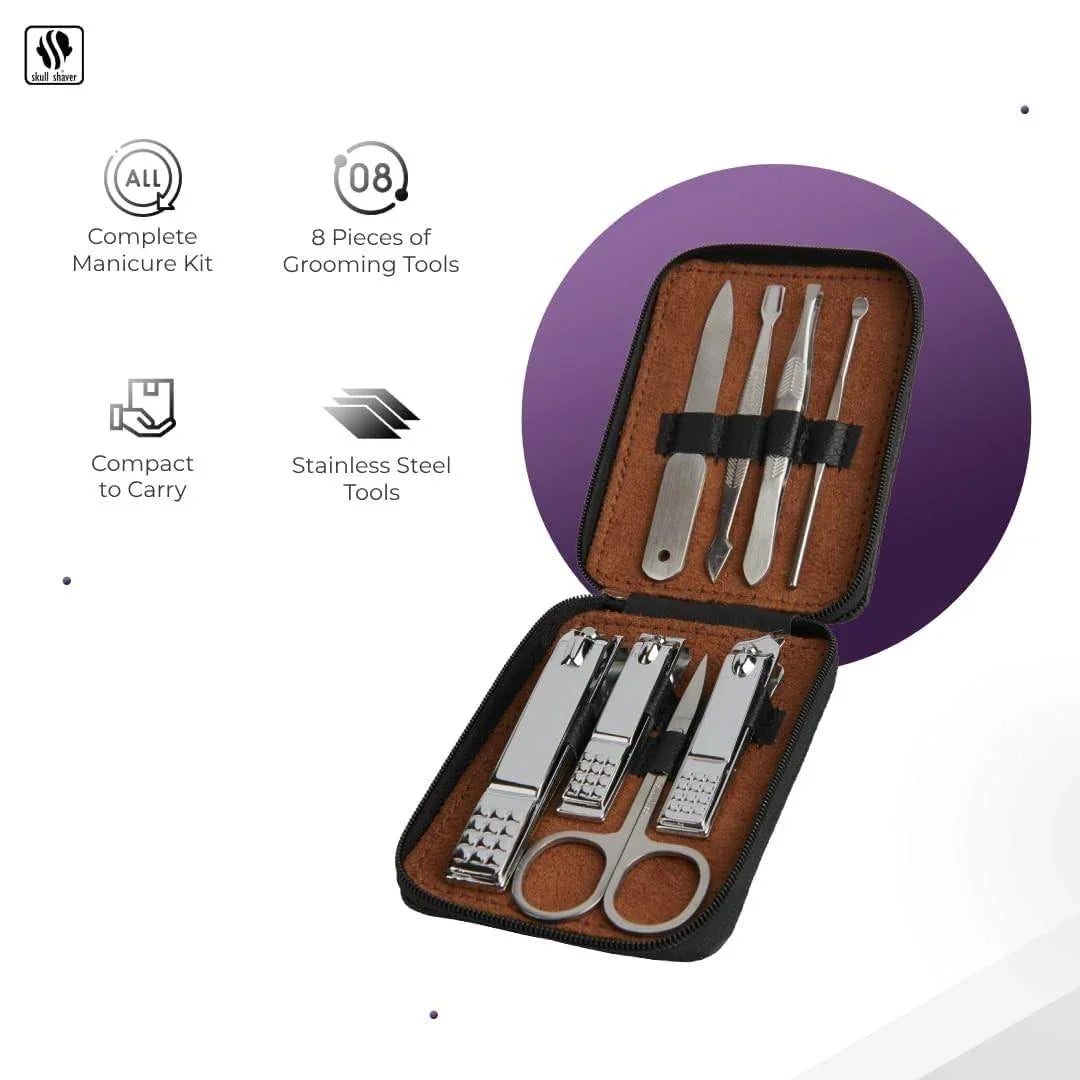 8-piece stainless steel manicure kit with compact travel case, ideal for grooming and nail care on the go