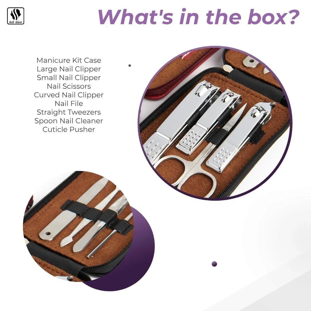 Stainless steel manicure kit with nail clippers, scissors, tweezers, and file in brown case