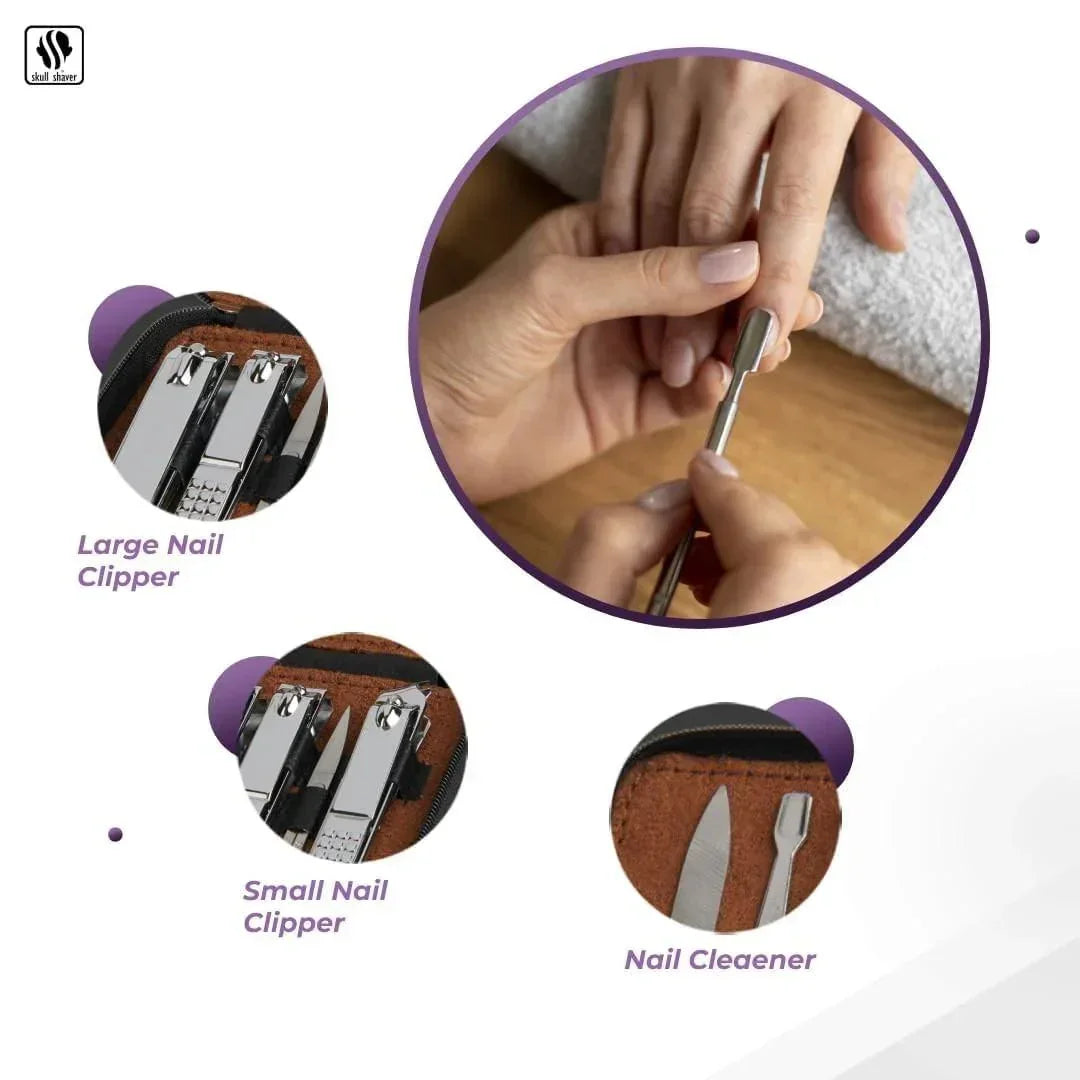 Nail care kit with large small clippers and cleaner, shown in use for manicure grooming