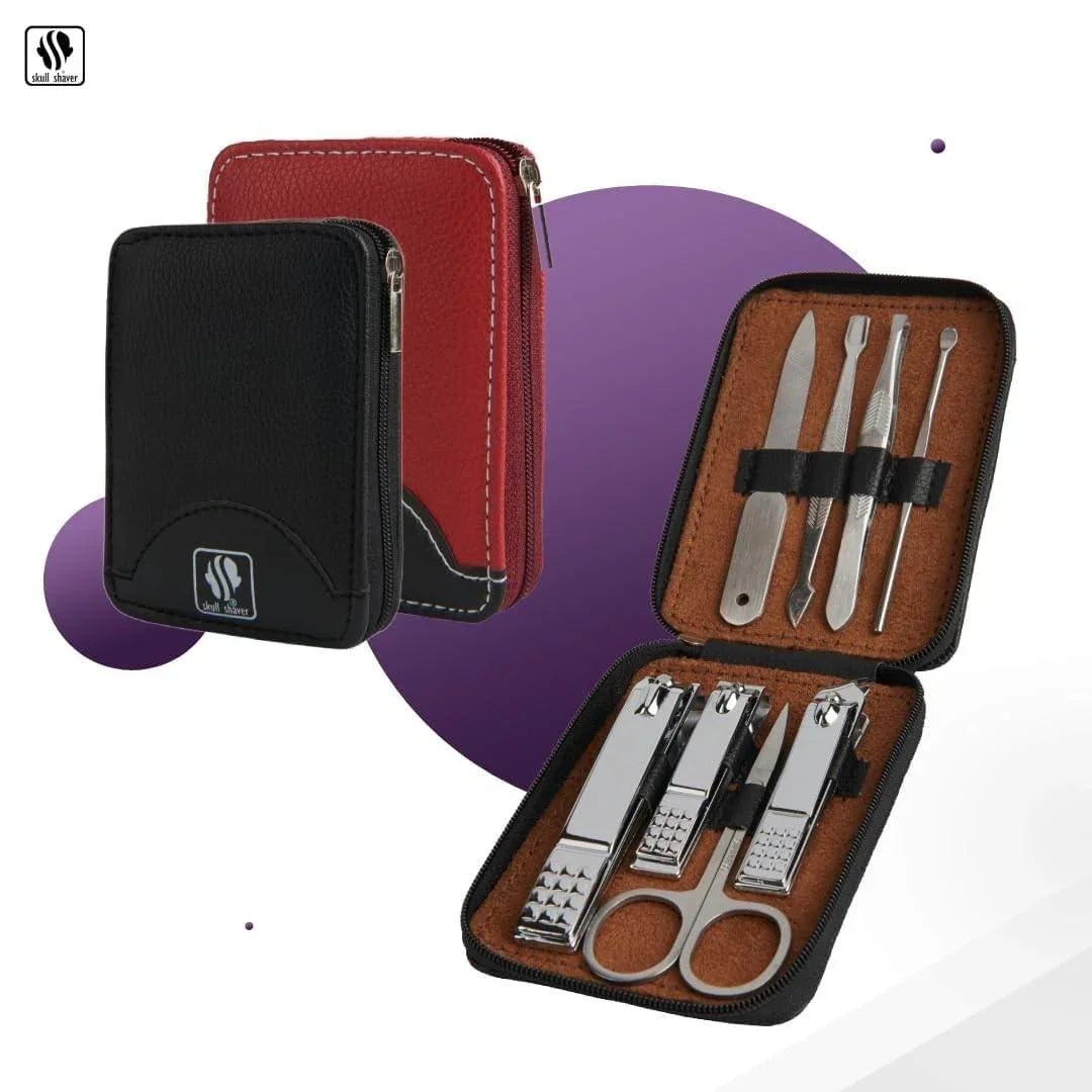 Portable nail care kit with scissors, clippers, and files in black and red zippered cases