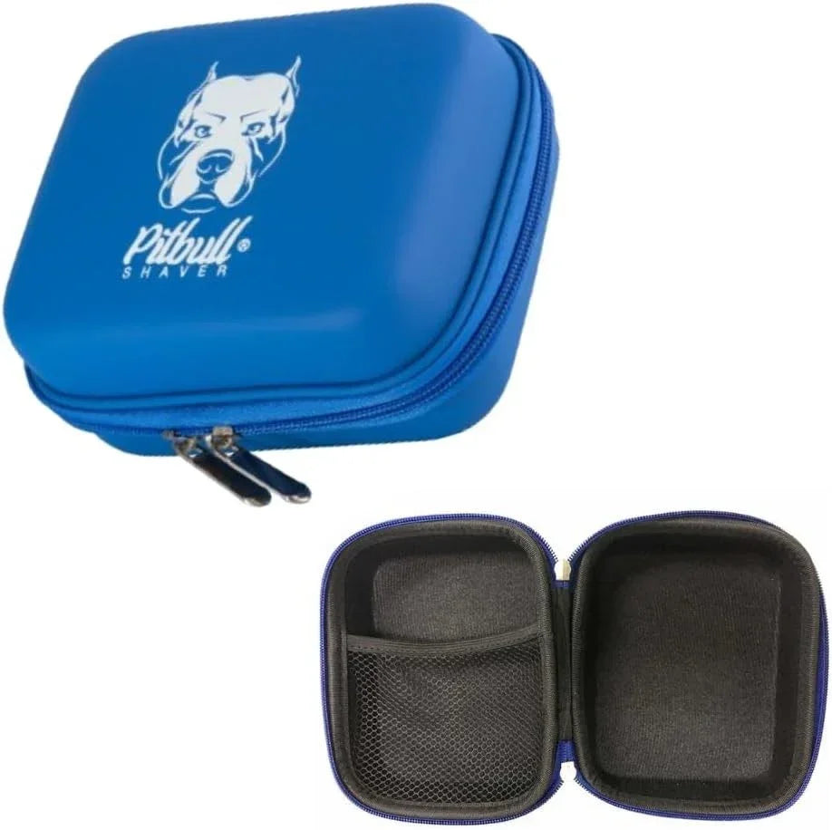 Blue Pitbull Shaver hard case with zippered closure and mesh pocket interior for safe storage