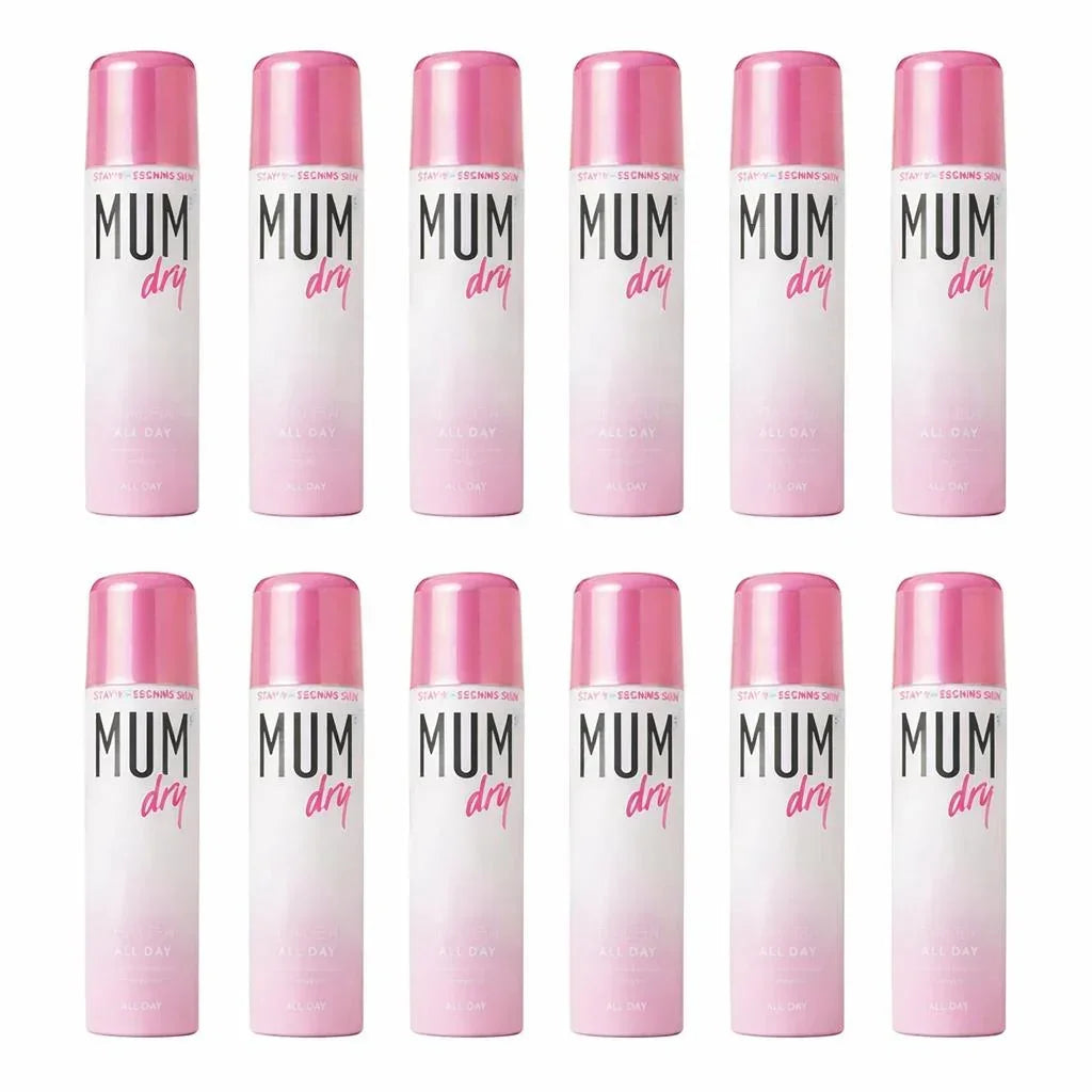 MUM dry antiperspirant spray cans in pink and white packaging for all-day freshness