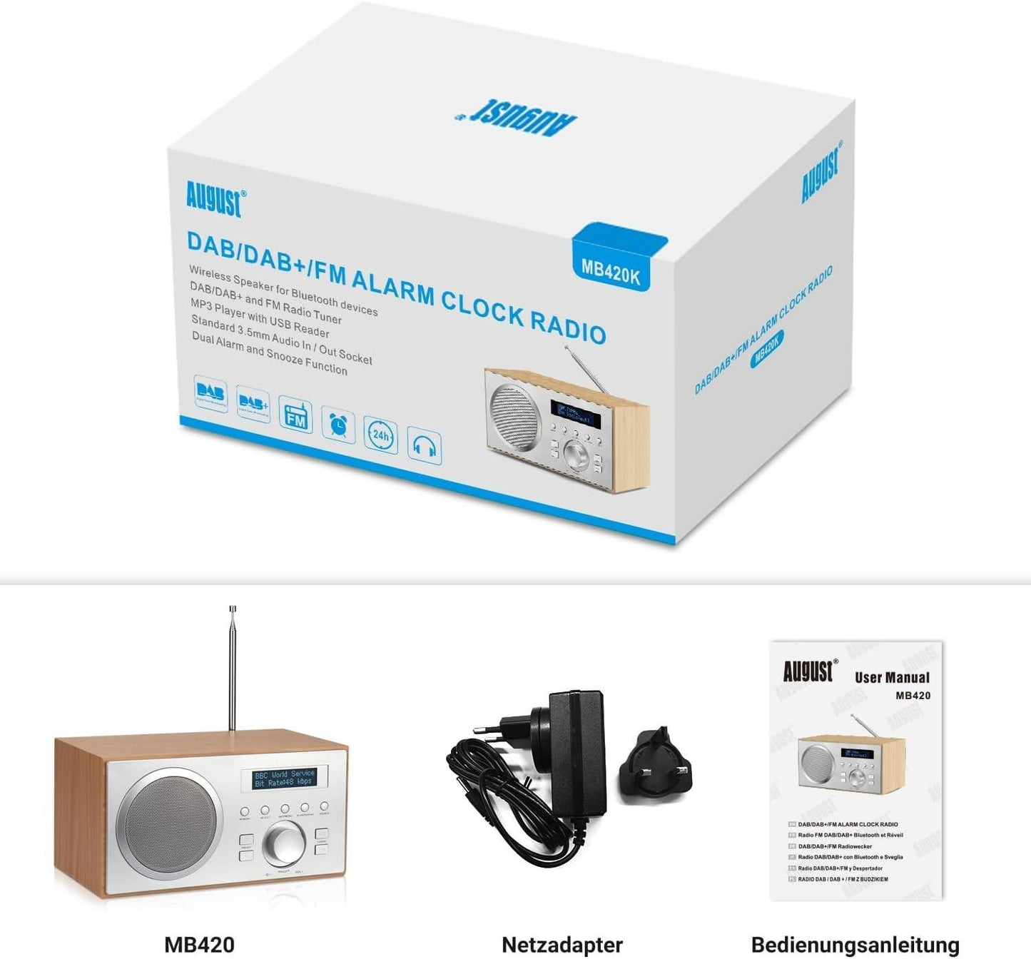 DAB+ Radio with Bluetooth Speaker - August MB420 - DAB FM Digital Tuner Dual Ala