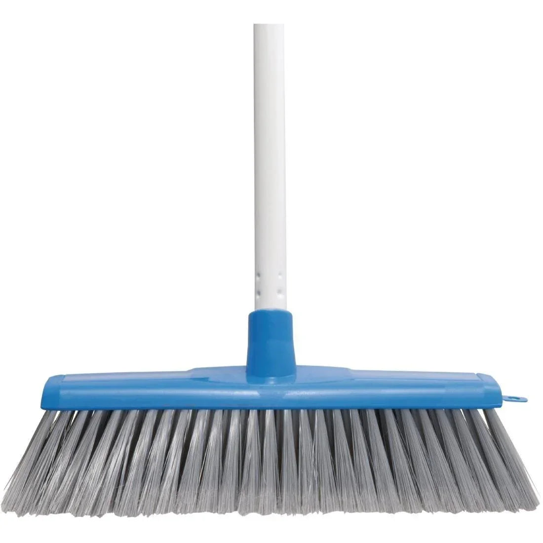 Blue and white industrial broom with grey bristles for commercial cleaning
