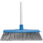 Blue plastic broom head with gray bristles and white handle for indoor or outdoor cleaning