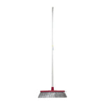 Red and white broom with gray bristles for cleaning floors