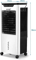 MAXKON portable evaporative air cooler with dimensions, white and black design, on wheels for easy mobility