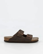 Brown leather sandals with two adjustable buckles and cork footbed, ideal for casual comfort.