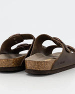 Brown genuine leather sandals with cork footbed, casual comfort footwear