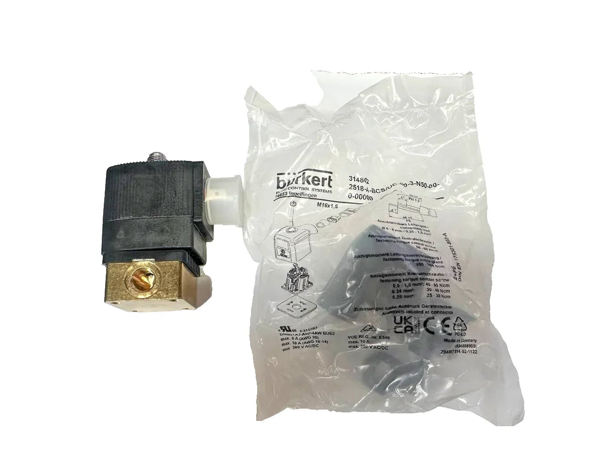 Bürkert solenoid valve with packaging, industrial fluid control component for machinery systems