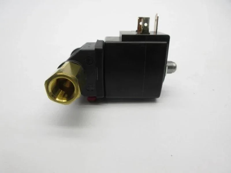 Black solenoid valve with brass fitting for industrial or tractor parts applications