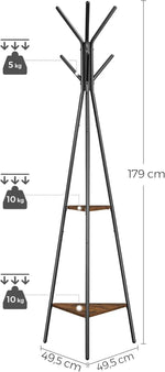 Black metal coat rack with wooden shelves, 179cm tall, holds 5kg on hooks, 10kg per shelf