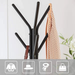 Black coat rack with multiple hooks holding jacket and bag, ideal for entryway or office organization