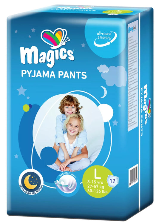 Magics Pyjama Pants Size Medium 8-15 Yrs 17-30kg Bedwetting Dry Nites Pack of 12