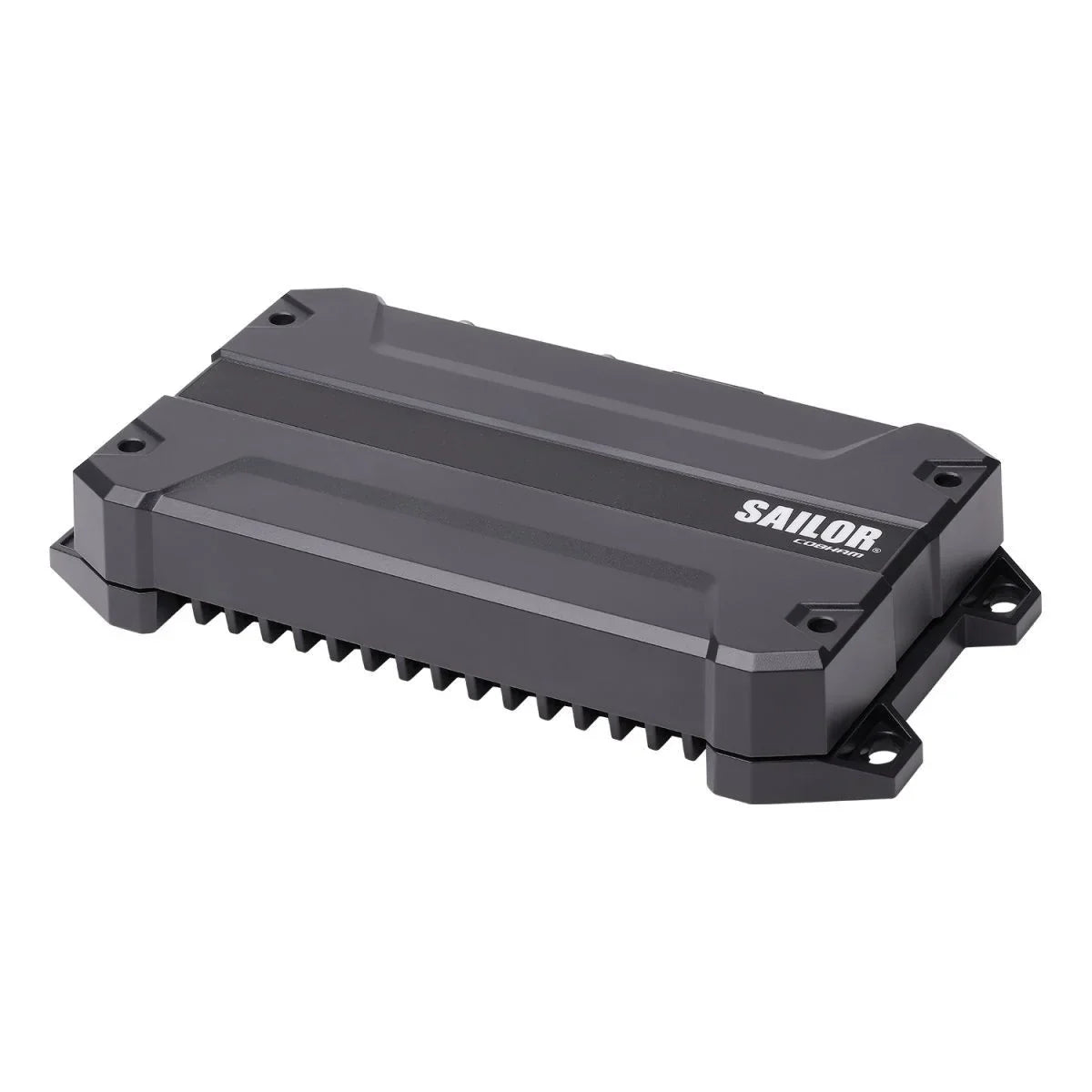 Sailor marine electronic device with rugged black casing and heat sinks for boat communication systems