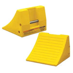 Yellow plastic wheel chocks for trucks and heavy vehicles, secure parking safety equipment