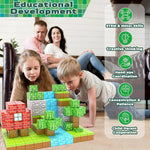Kids building with educational STEM blocks for motor skills and creative thinking, promoting child-parent cooperation.