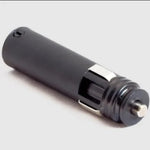 Black car charger adapter for vehicle power outlets, compact design with metal tip