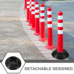 Red and white traffic cones with detachable black bases for road safety and parking control