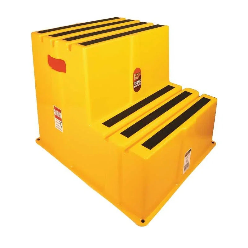 Yellow industrial safety step stool with black anti-slip treads, 150kg max load