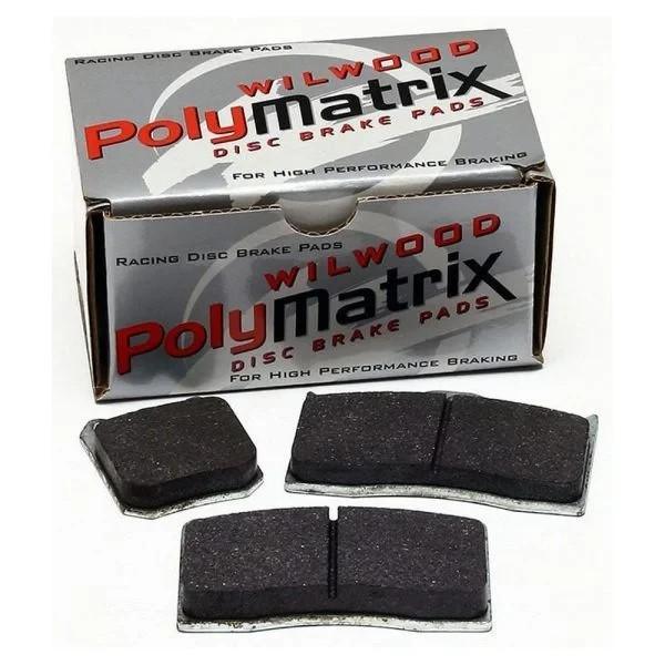 Wilwood PolyMatrix racing disc brake pads for high performance braking, shown with packaging